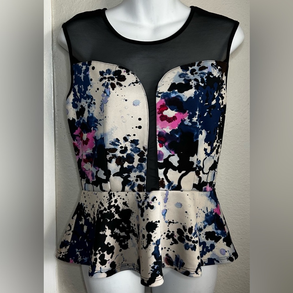 Kanvas white black blue Floral sheer  blouse Size L